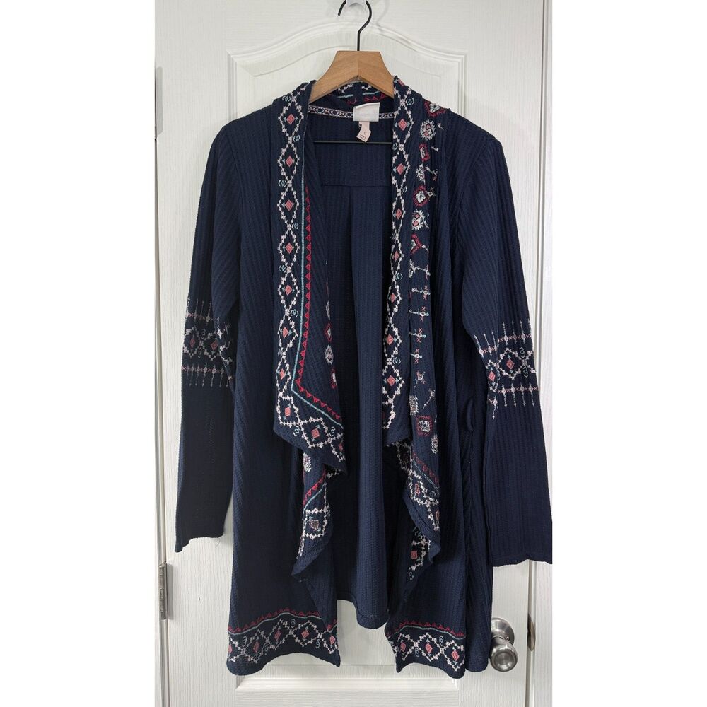 Knox Rose Cardigan Womens L Navy Embroidered Open Front Boho Duster No Belt